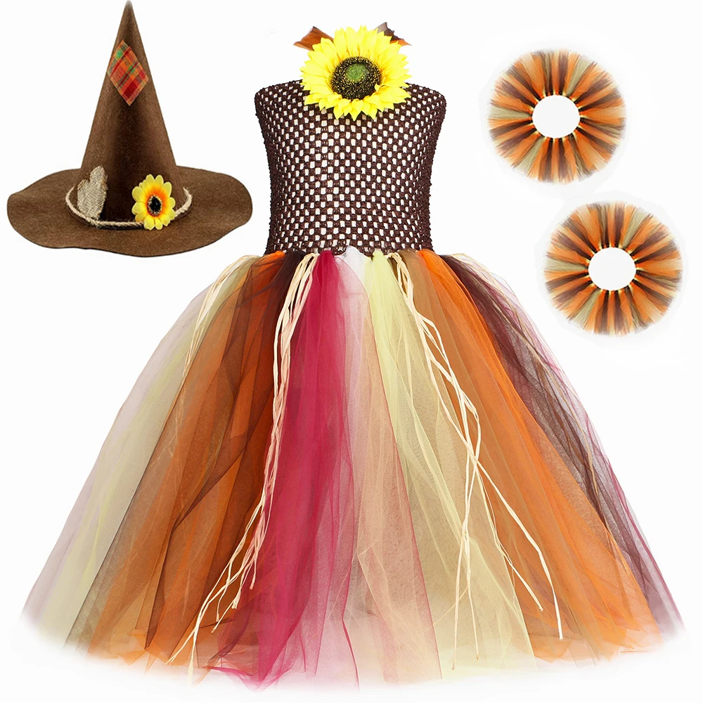 

Girls Scarecrow Costume Halloween Tutu Dress Sunflower Straw Tulle Dresses Toddler Carnival Party Dress Up Clothes