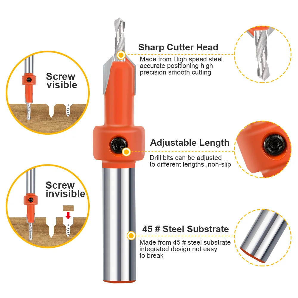 8mm Shank HSS Screw Cutter HSS Woodworking Countersink Drill Bit Tungsten Counterbore End Mill for Wood Milling Cutter