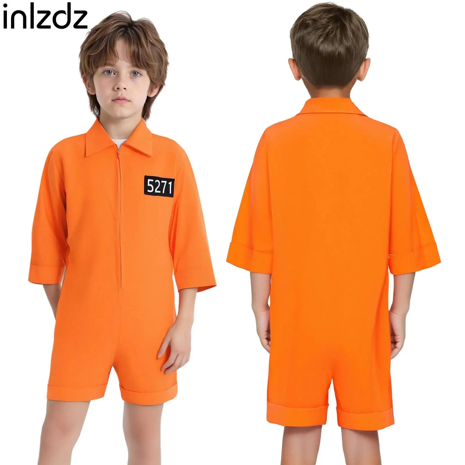 

Kids Inmate Costume Orange Prisoner Cosplay Bodysuit Half Sleeve Lapel Collar Closure Jumpsuit Leotard for Halloween Dress-up