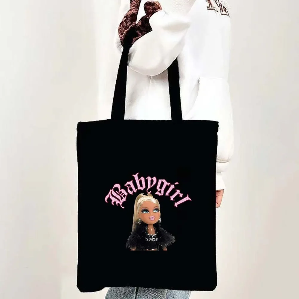 Sexy Lovely Cute Babygirl Bratz Doll Pink Girlz Cartoon Girl Women Shoulder Shopper Shopping Canvas Tote Bag Female Lady Handbag