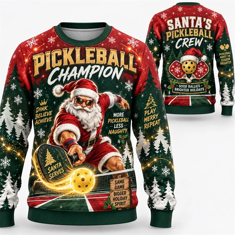 Men Crewneck Pullover Sweatshirt Santa 3d print Pickleball Champion Christmas Tree Snowflake graphic Long Sleeve hoody Top