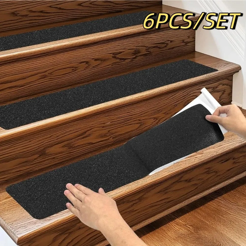 6Pcs Black Frosted Self‑Adhesive Stair Tread Mat Self-Stick Pre-Cut Anti-Slip Stair Treads Waterproof Tear‑Resistant