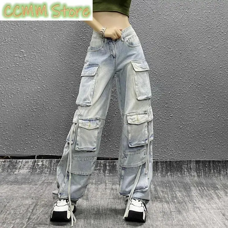 

Black Blue Cargo Jeans Women Side Pockets Straight Wide Leg Denim Jeans Female Loose Streetwear Long Jeans Femme Hip Hop