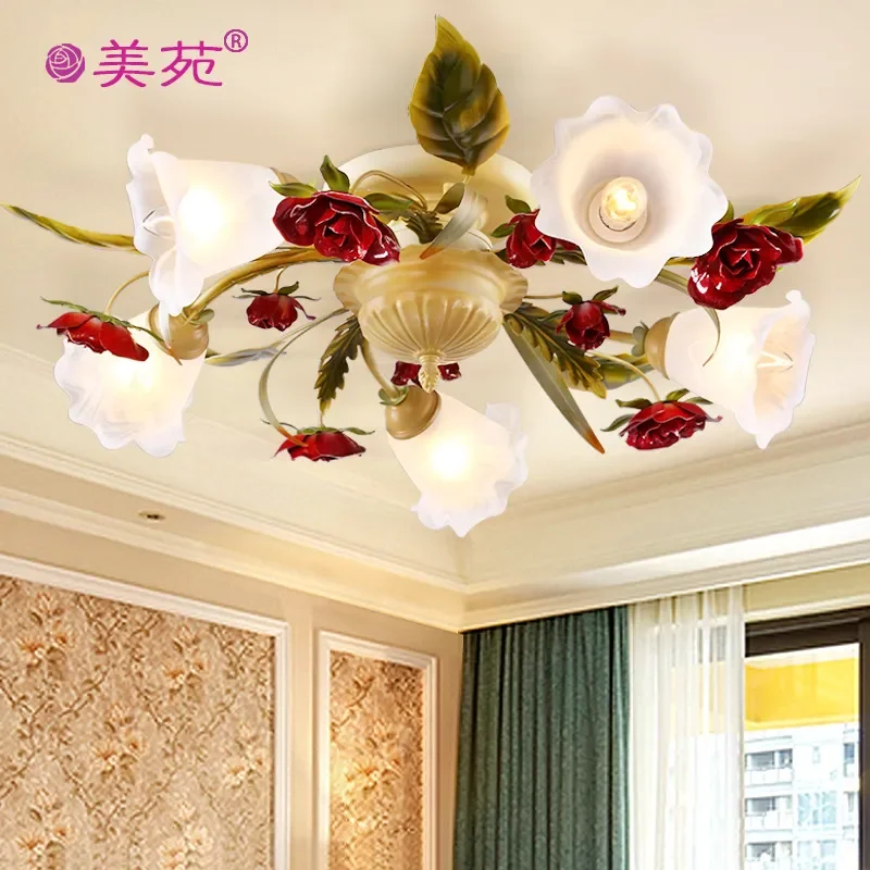 Jiayuan Pastoral Ceiling Lamp Romantic Wrought Iron Mediterranean Creative Warm Light for Living Room Dining Room Bedroom