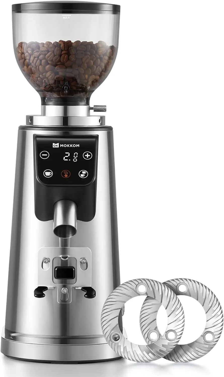 64mm Flat Burr Coffee Grinder 100 Grind Settings All Metal Stainless Steel Body Adjus Electronic Timer Static LED
