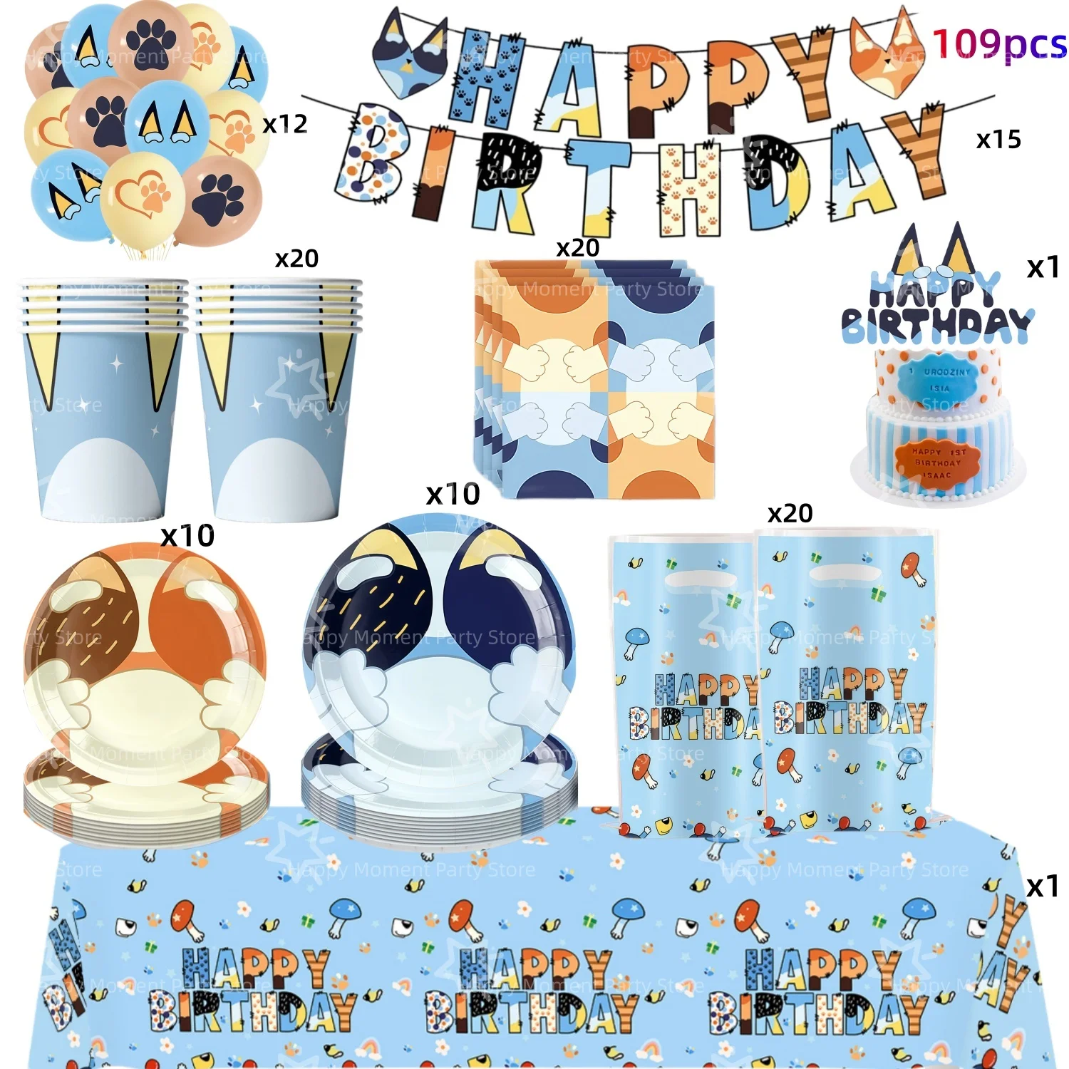 Cartoon Blauwe Hond Bingo Verjaardagsdecoratieset Hondentafelkleed Beker Bord Servet Cadeautasjes Babyshower Kinderfeestje Favorieten Benodigdheden