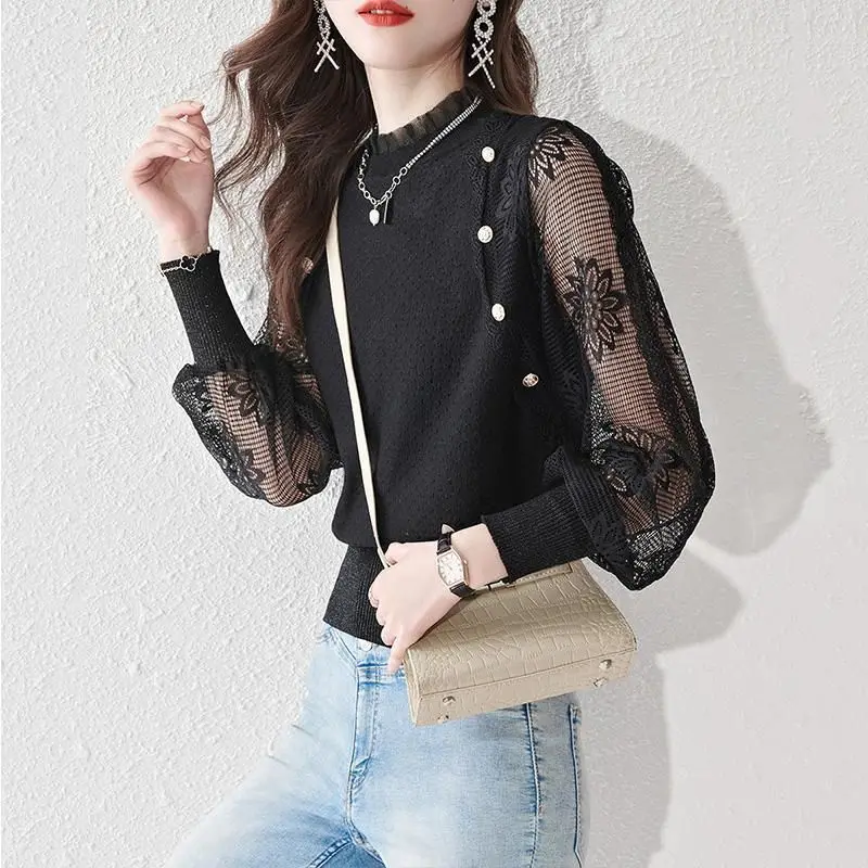 Blusa floral doce emendada de renda para mulheres, roupas femininas ocas, cor sólida, o-pescoço, manga comprida, camisa de malha, moda, primavera,