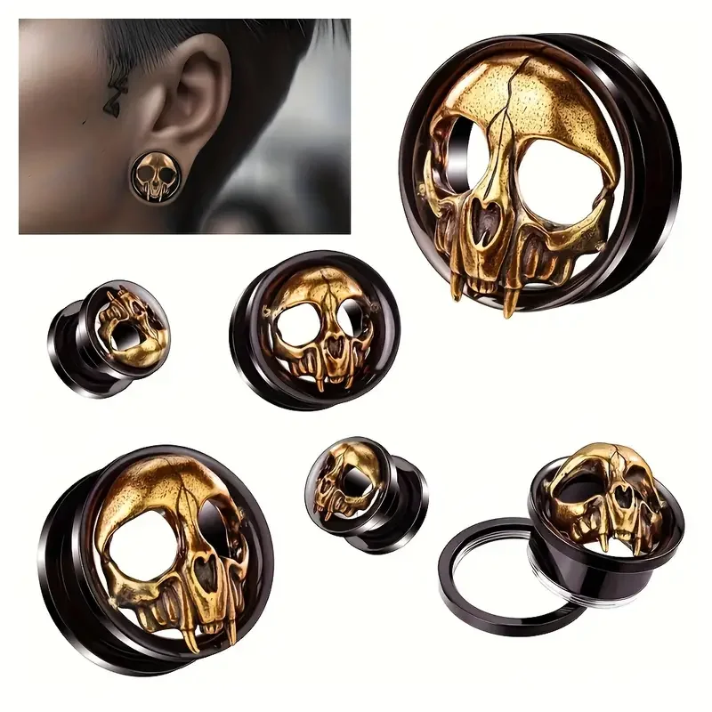 1 para najwyższej jakości czaszki ze stali nierdzewnej tunele do uszu korki Expander Gauge nosze kolczyki śruby wskaźniki Piercing biżuteria