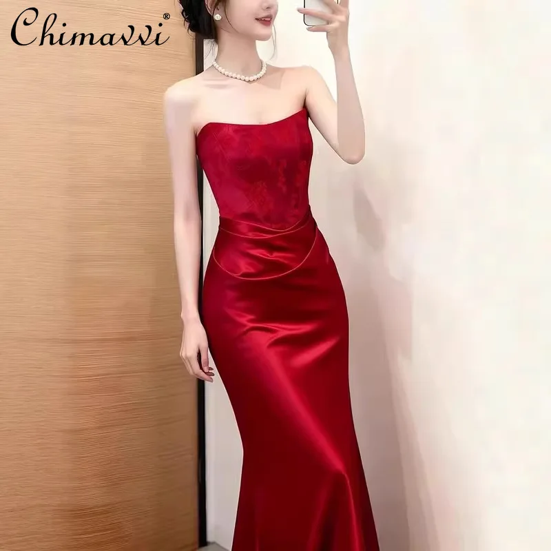 

Элегантное красное облегающее платье во французском стиле без рукавов и бретелек с завышенной талией для помолвки, дня рождения, вечеринки, летнее женское платье 2026