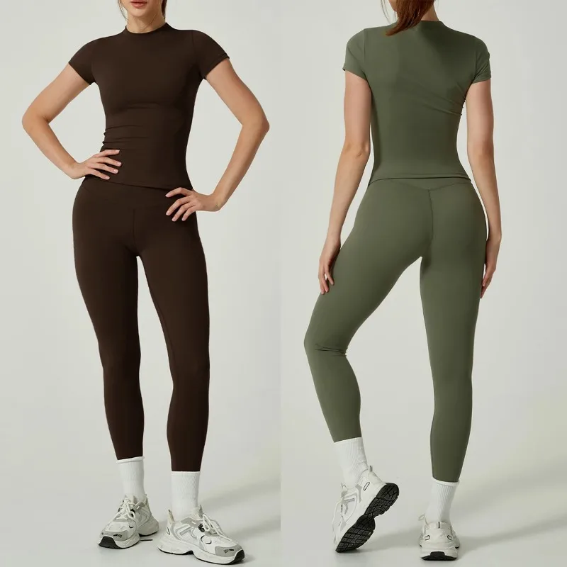 2 Pcs Gym Set Short Sleeve T-shirt & Sport Leggings Round Neck Fitness Shirt Cycling Sport Suit  Gym Clothing