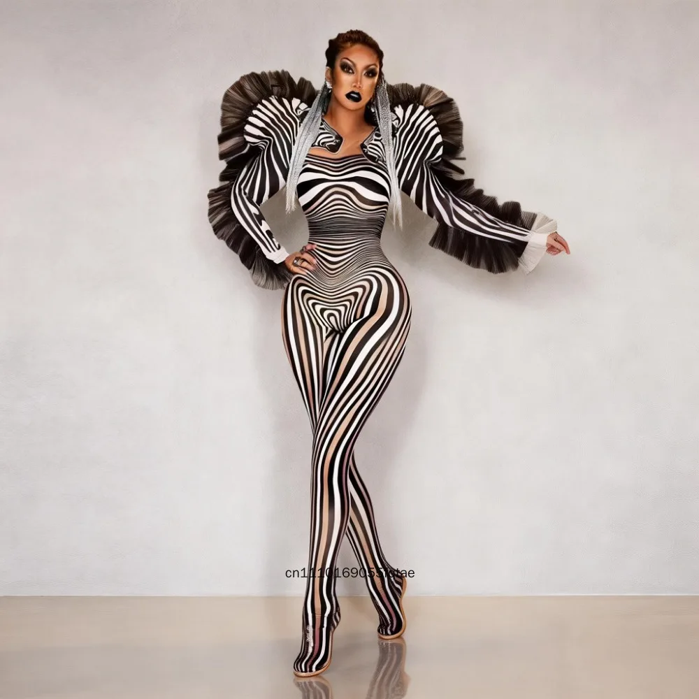 2026 New Women Singer Stage Wear Jumpsuit Zebra Print Striped Fake See Through Slim Fit Nightclub Party Dance Costume
