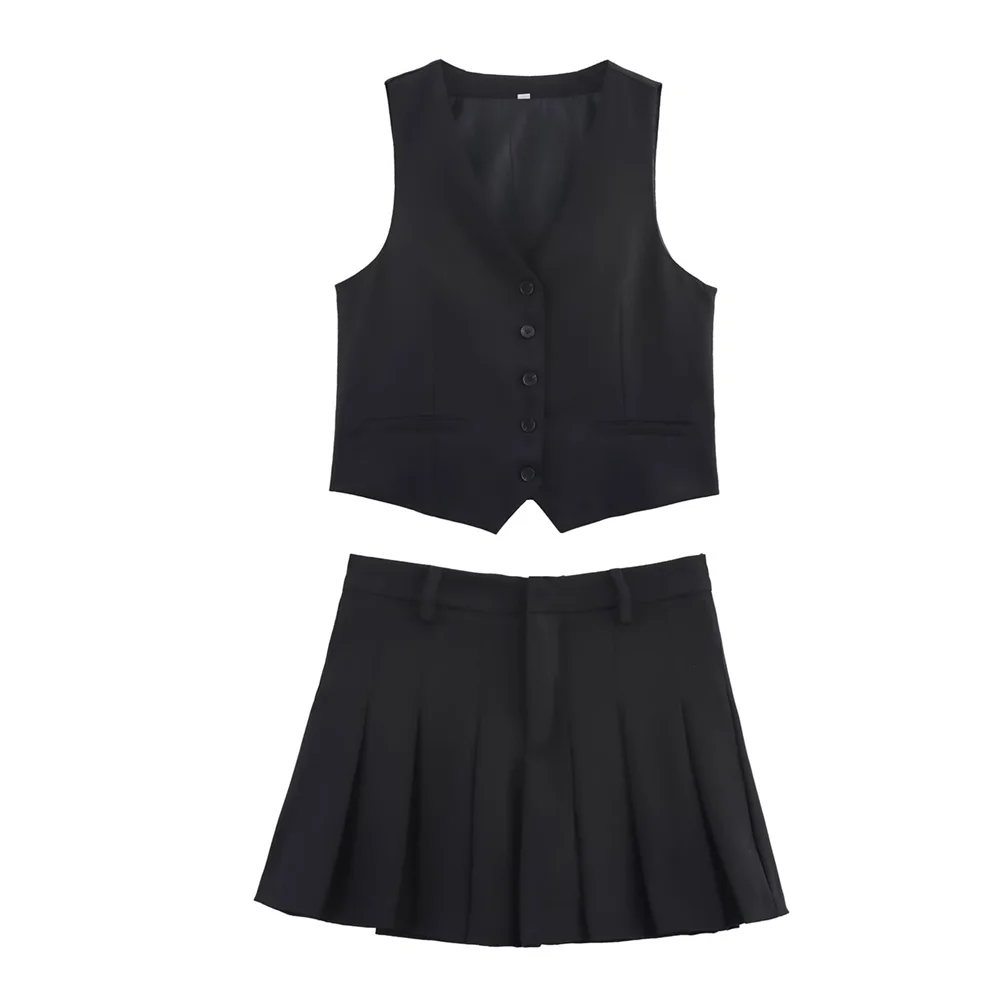Taop&Za の夏の新作婦人服ファッション気質 V ネックストラップ装飾ベストトップハイウエストワイドプリーツスカートパンツ