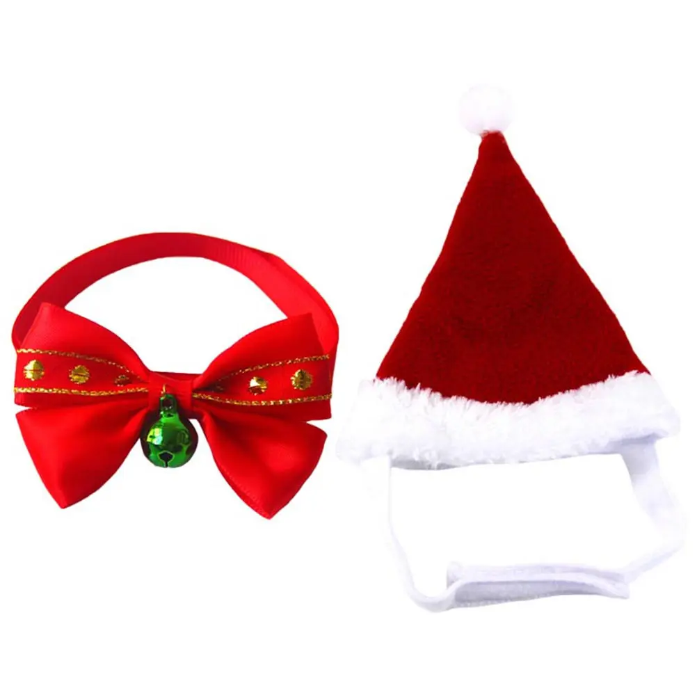 2Pcs Dog Cat Christmas Hat Bow Tie Combo High Quality Comfortable Texture Festive Party Wedding Holiday Outfit Accessory