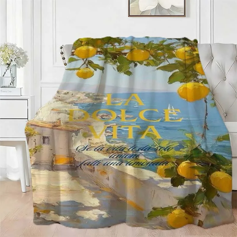 Italian Coastal Scenery Lemon Vintage Letter Oil Art Pattern Soft Blanket Fit Living Room Bed Travel Multi-scene Home Daily Use