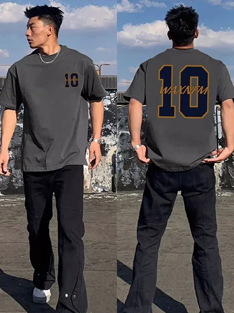 2025 جديد حار عصري العلامة التجارية الإبداعية الرقمية 10 تي شيرت الرجال المقلية الشارع فضفاض صغير العنق نصف كم الهيب هوب الثقيلة