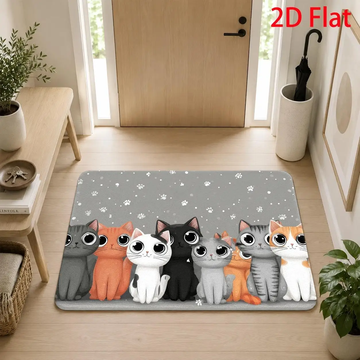 Black Spotted Cat Floor Mat Cute Group Pink Flowers Welcome Mats Non Slip Entrance Rug Ground Carpet Bedroom Front Door Home