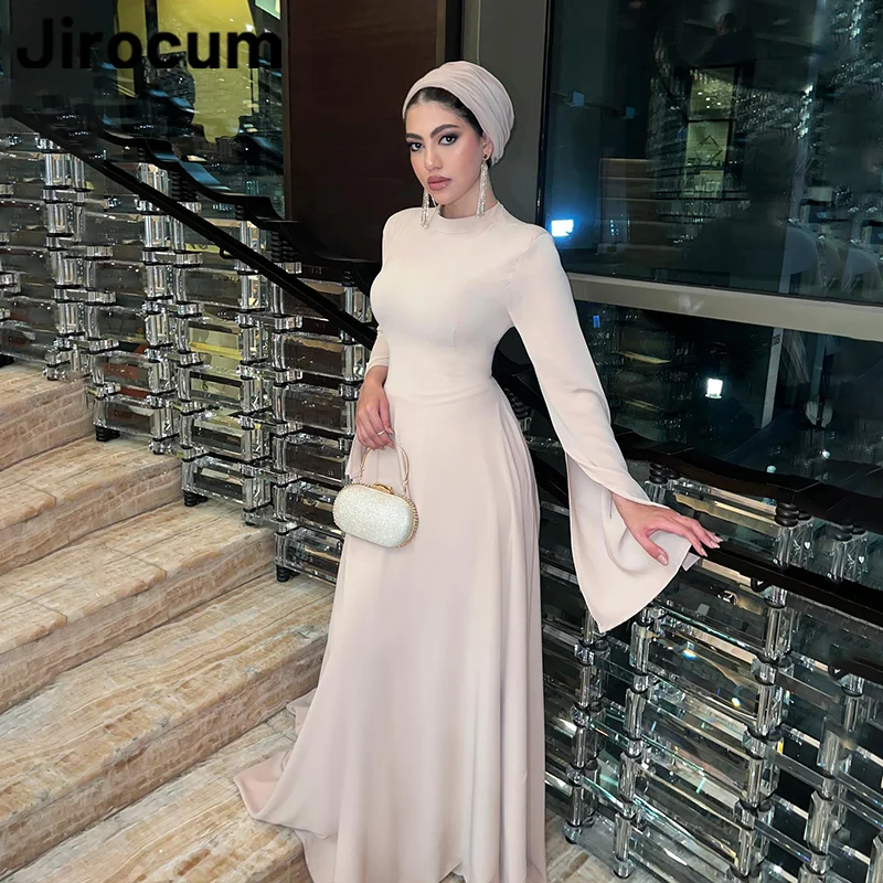 

Jirocum Muslim A Line Prom Dress Women's O Neck Chiffon Slit Long Sleeve Party Evening Gown Floor Length Formal Occasion Dresses