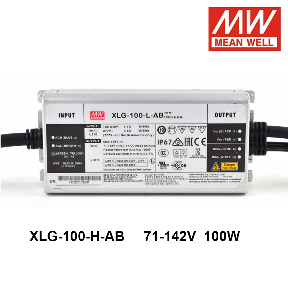 Mean Well XLG‑100‑L‑AB 71-142V 100W Constant Power LED Driver IP67 3‑In‑1 Dimming Outdoor Lighting Power Supply Unit