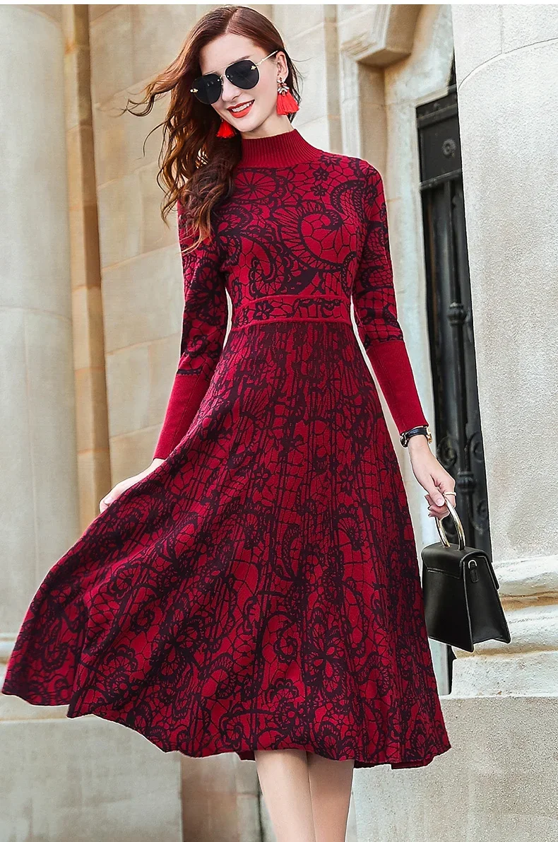 

Red Autumn/winter 2023 New Turtle Neck Long Sleeve Cultivate One's Temperament Sweater Knitting Dress Knee-length Dress