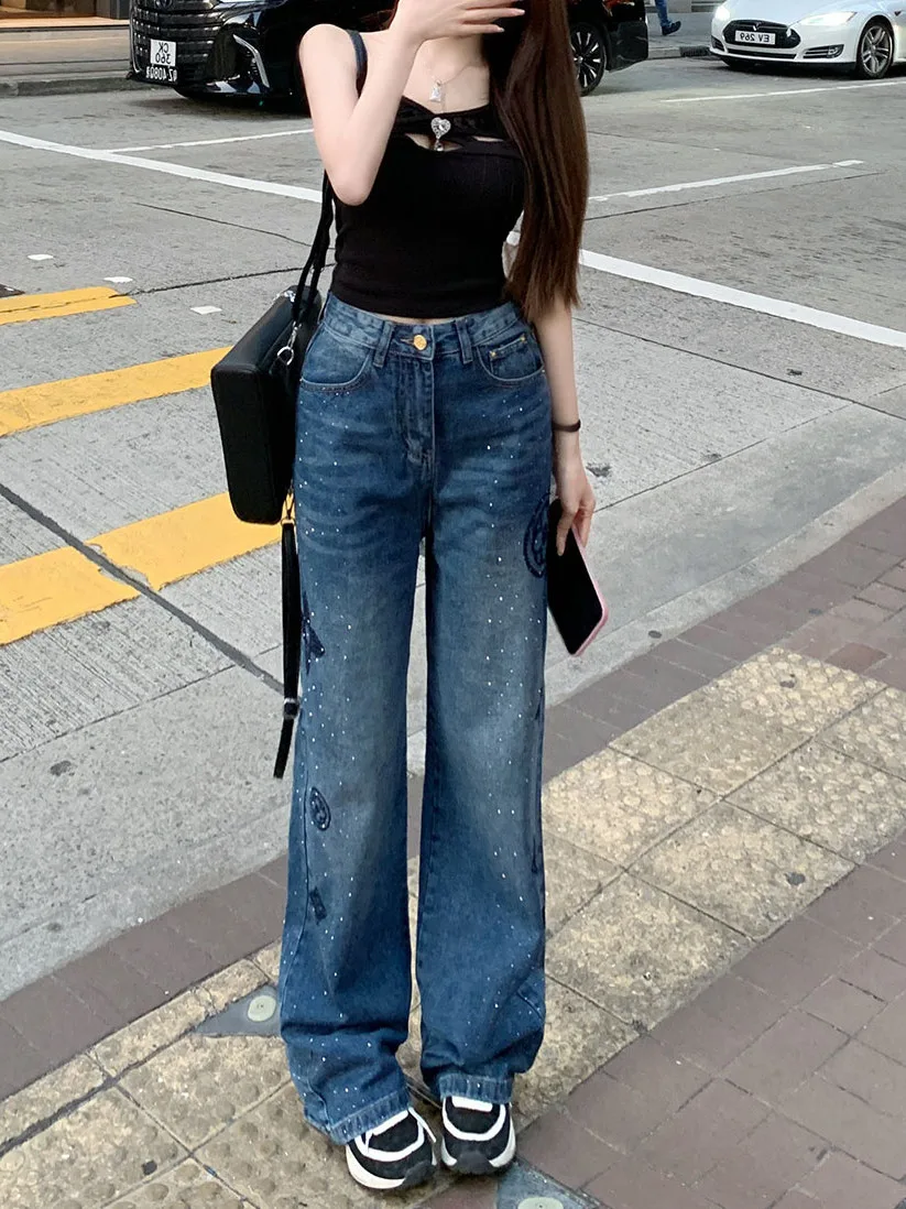 

iny Embroidered Heavyweight Blue High Waist Wide Leg Jeans Glittering Denim Pants Women's Premium Quali Non-Iron Treaent