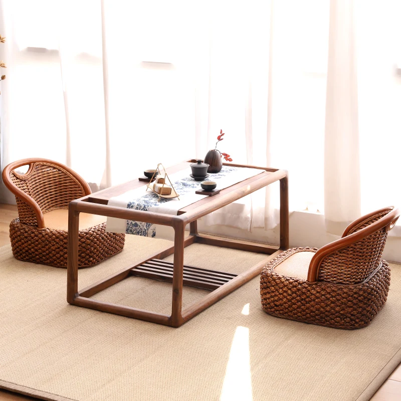 Handmade Straw&Rattan Woven Chair Japanese -style Armchair Zaisu Legless Floor Chair with Ergonomic Backrest Home Furniture