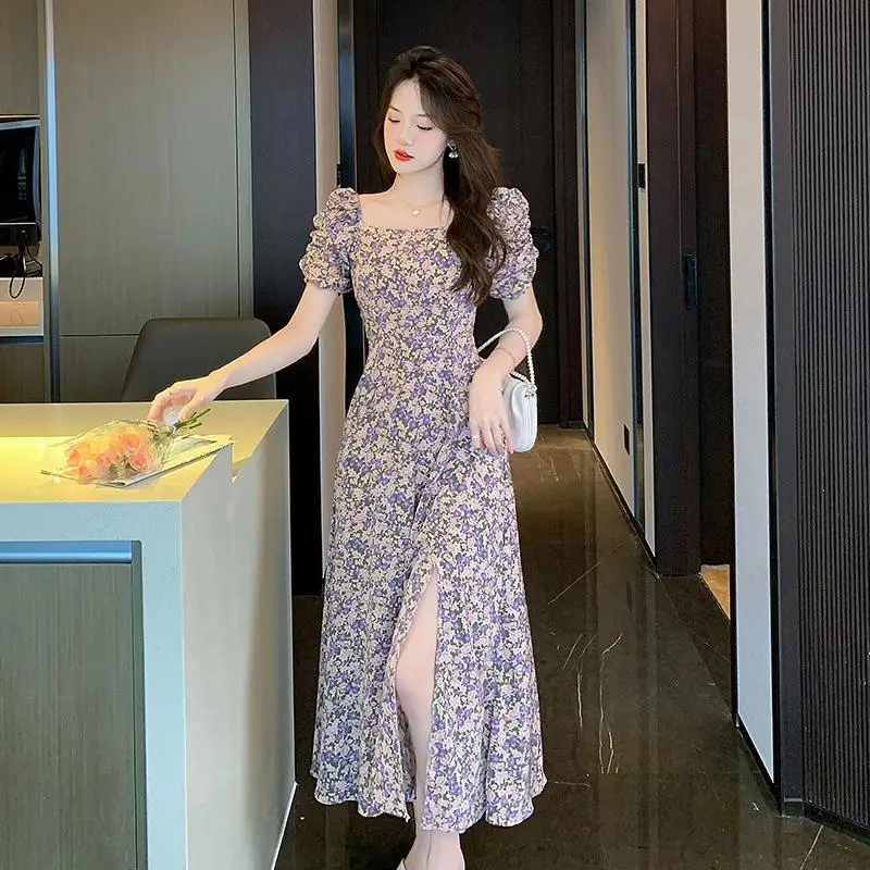 French Square Neck Puff Sleeve Floral Midi Dress Women 2025 Summer New Collection High Waist Split A-line Dress Trendy