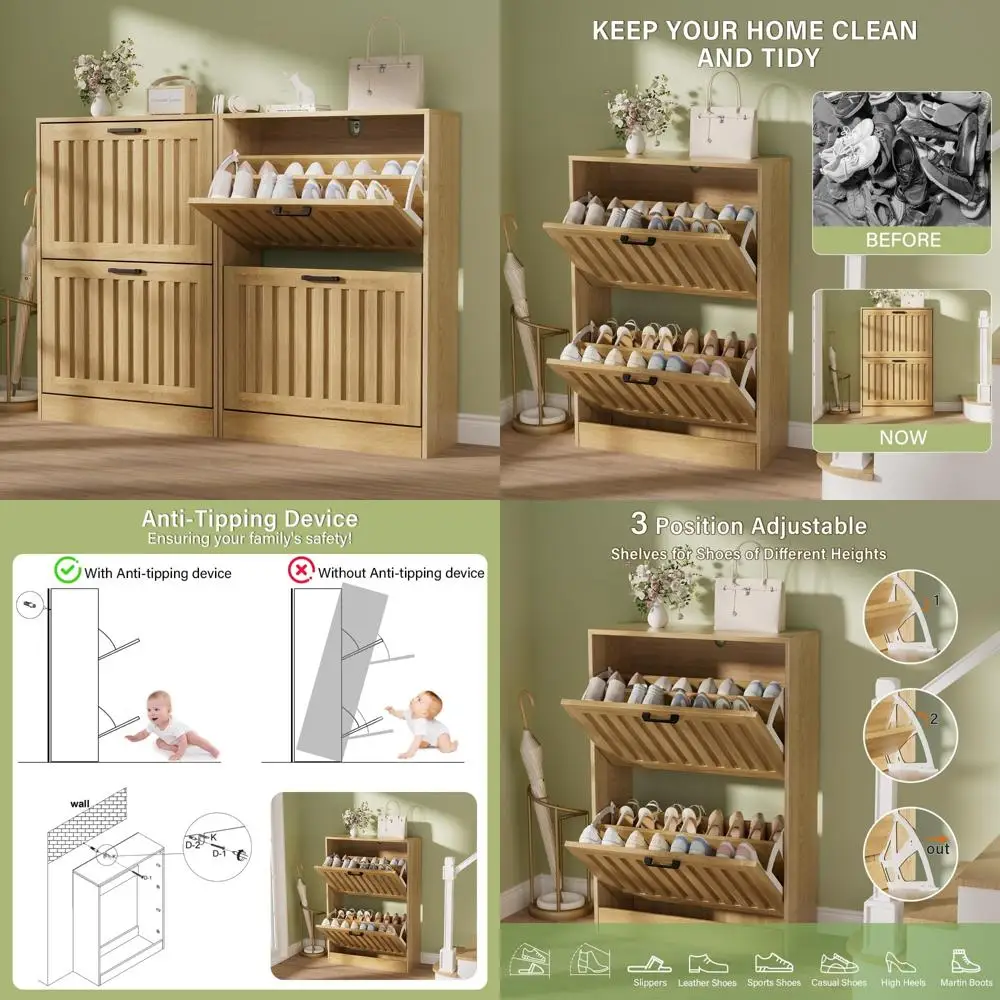 Double Drawer Shoe Storage Cabinet Set for Entryway, Slim and Narrow Shoe Organizer for Hallway, Space-Saving Shoe Storage Solut