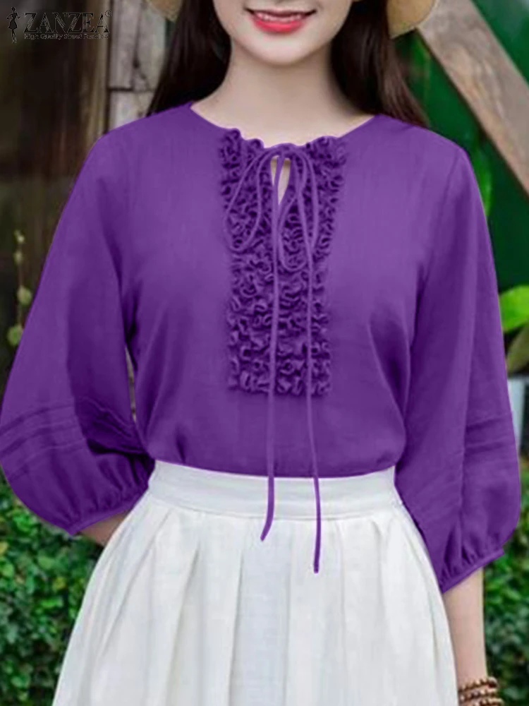 

ZANZEA Summer Women Tunic Blouse 2025 Fashion Bandage Puff Sleeve Tops Casual Solid Color Ruffled Shirts Elegant Office Blusas