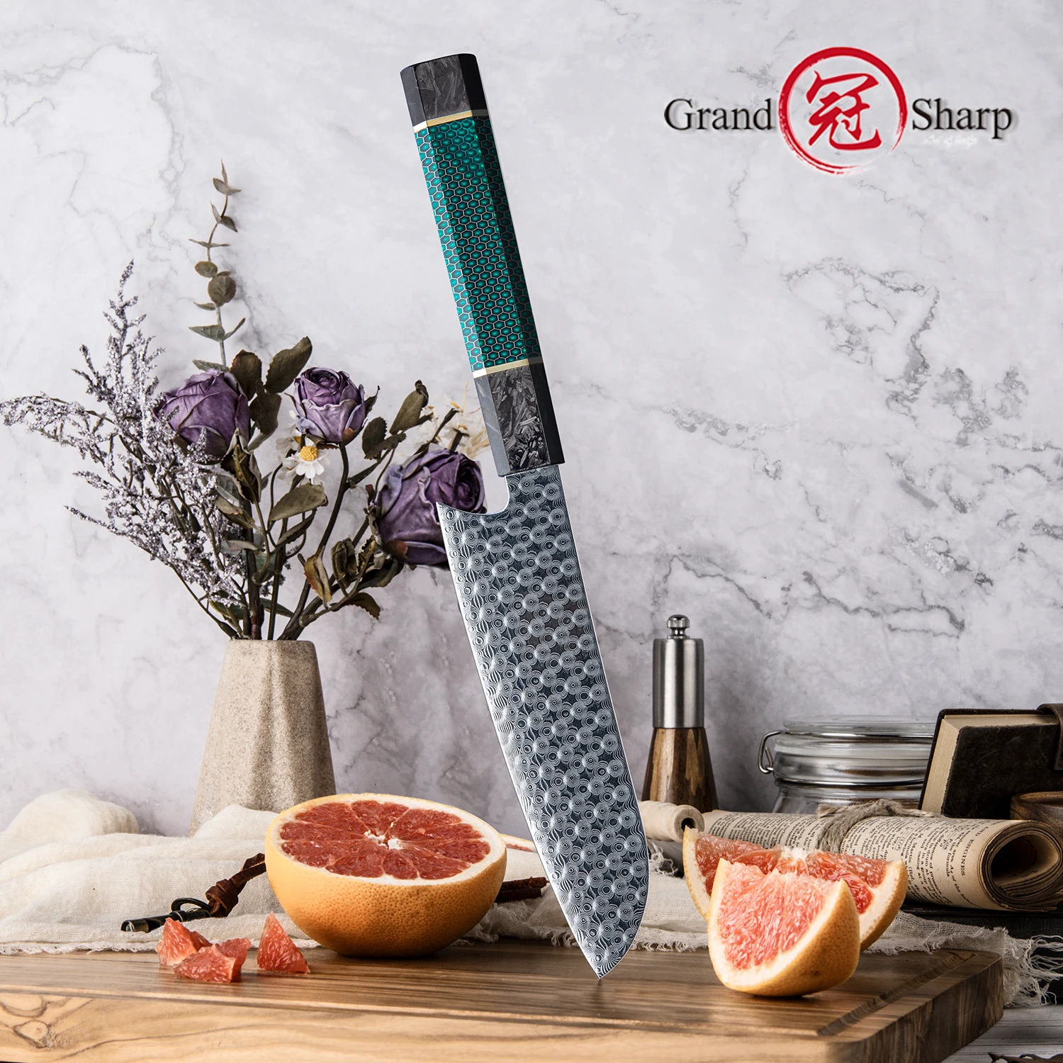 Pisau Santoku Buatan Tangan GRANDSHARP 110 Lapis Baja Damaskus Pisau Dapur Profesional Chef Memasak Pegangan Desain Sarang Lebah