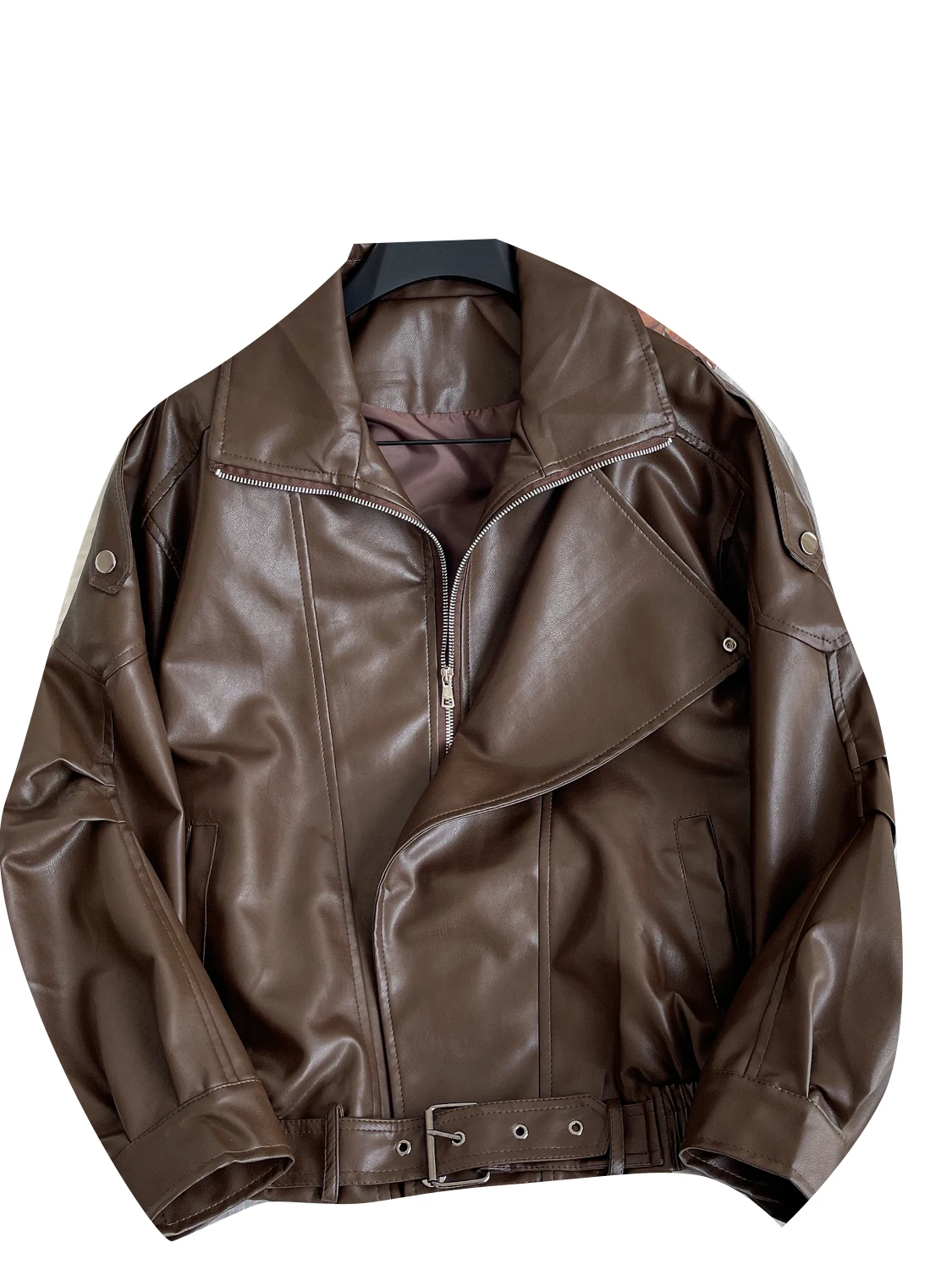 Casual Loose Long Sve Leather Jaet Women's Sle Zipper Collar Faionable Versatile Outerwear for Autumn Season