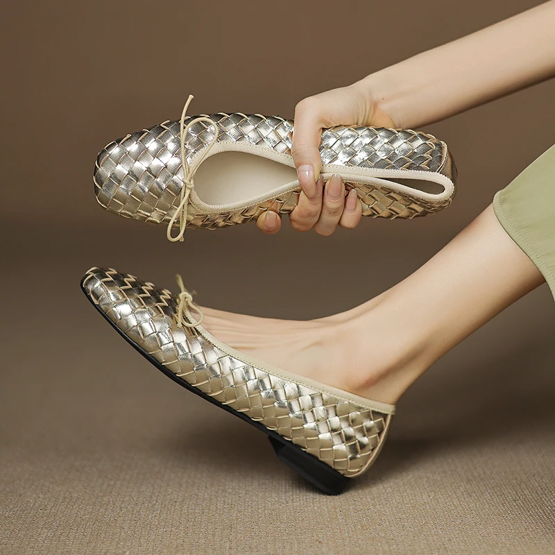 

Retro Square toe weave flats women low Heels sandals Genuine Leather Pumps office lady cozy soft ballet shoes