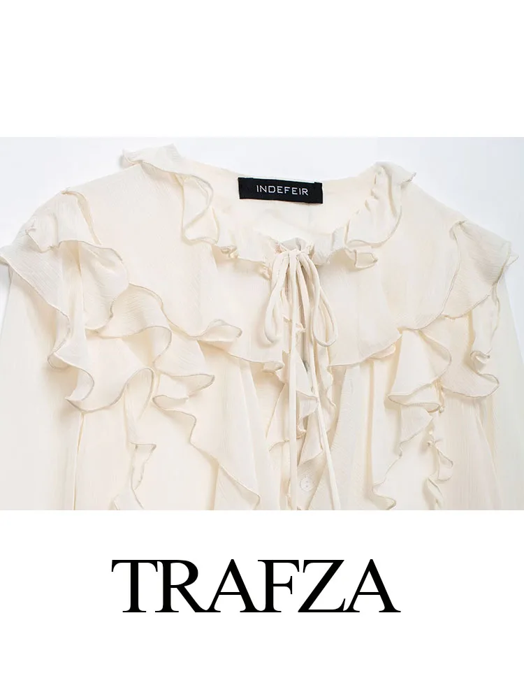 TRAFZA Summer Women Stacked Blouse Fashion Lace-up Long Sleeves Loose Shirts Top Female Casual Women Laminated Decoration Shirt