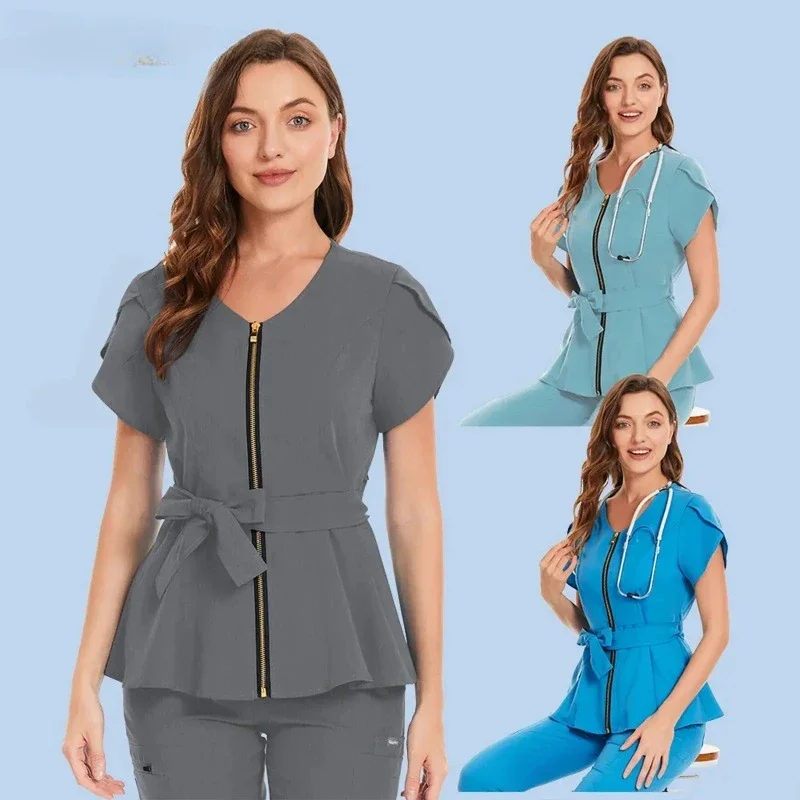 

Nursing Scrub Tops Women Short Sleeve Scrubtops Nurse Uniform 8 Color T-shirts Medical Uniform Spa Blouse Beauty Salon Costume