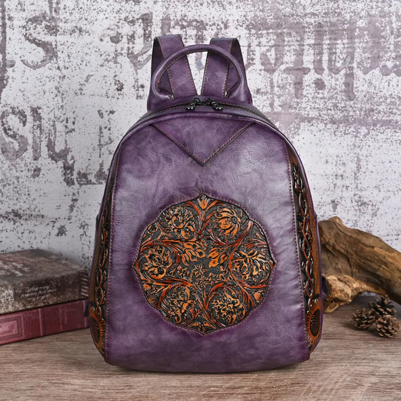 

Vintage Women Leather Backpack Floral Female Double Shoulder Bag Functional Chiniese Style Ladies Handbag