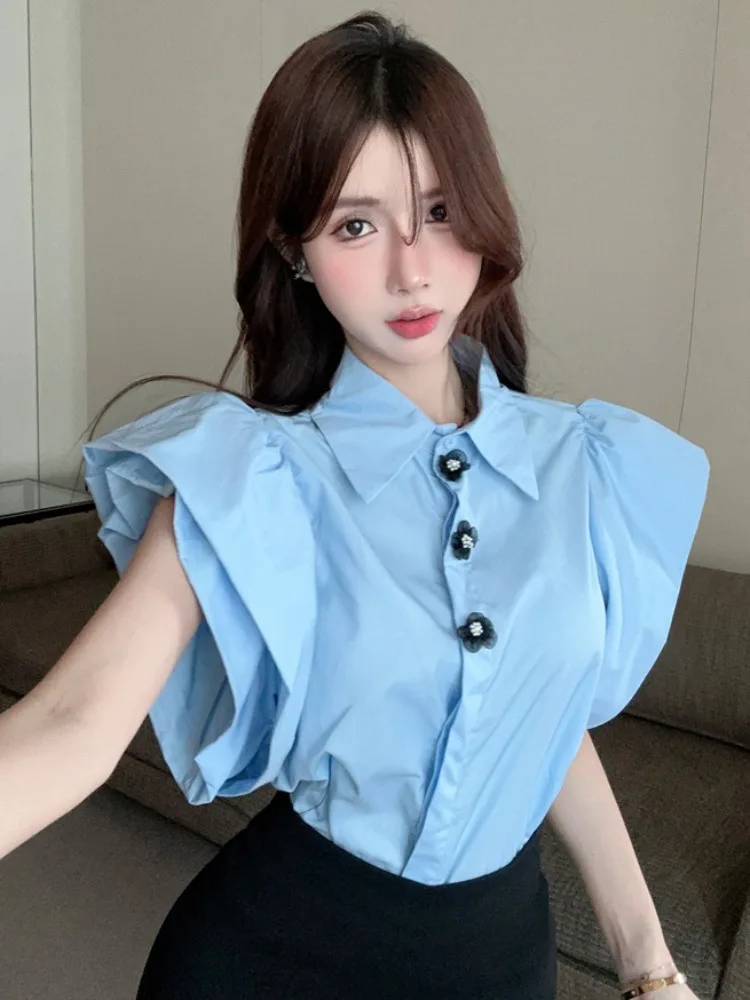 

Elegant Bubble Sleeve Shirt Women's Summer High-End Floral Single Button Turn-down Collar Short Top French Style Slim Fit Cit...