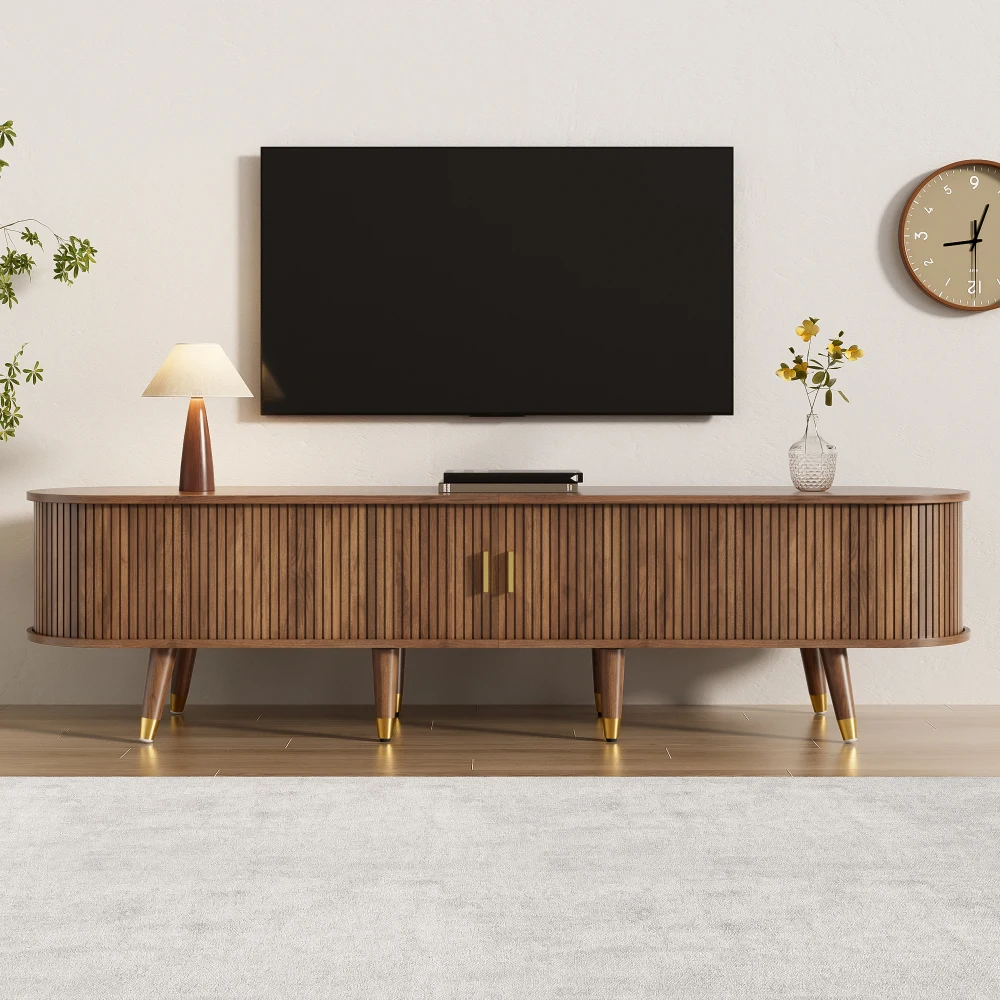 175 cm TV-Schrank aus Rattan und Walnuss im Landhausstil aus MDF mit viel Stauraum für die Wohnzimmerdekoration PINGGO