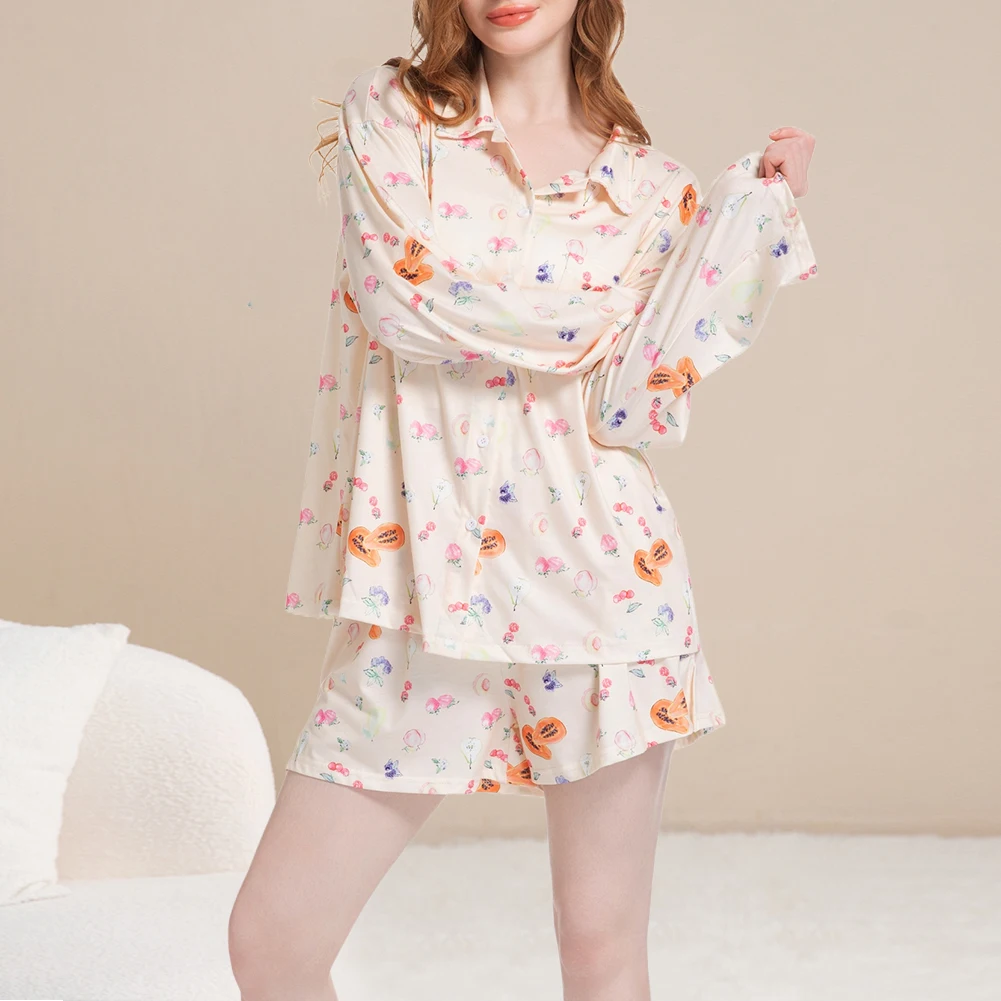 Women Long-Sleeved Shorts Set with Slits Casual Loungewear Suit Cute Pyjama Trousers Set for Living Room Bedroom Hotel Travel