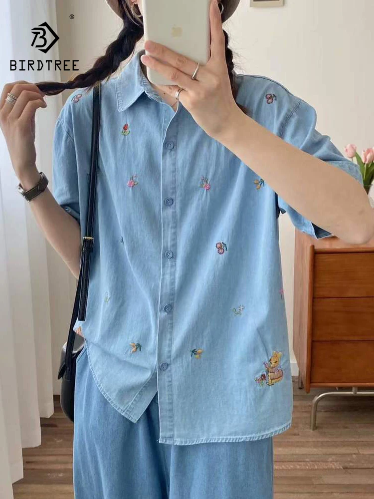 

New 2025 Summer Short Sleeve Denim Shirt, Women Turn-down Collar Embroidery, Mori Girl Retro Sweet Casual Loose Blouse T56018CC