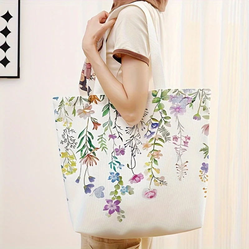Einkaufstasche mit Blumenmuster, wiederverwendbarer modischer Rucksack, multifunktionale Handtasche, bedruckte Einkaufstasche aus Segeltuch – Detail 3