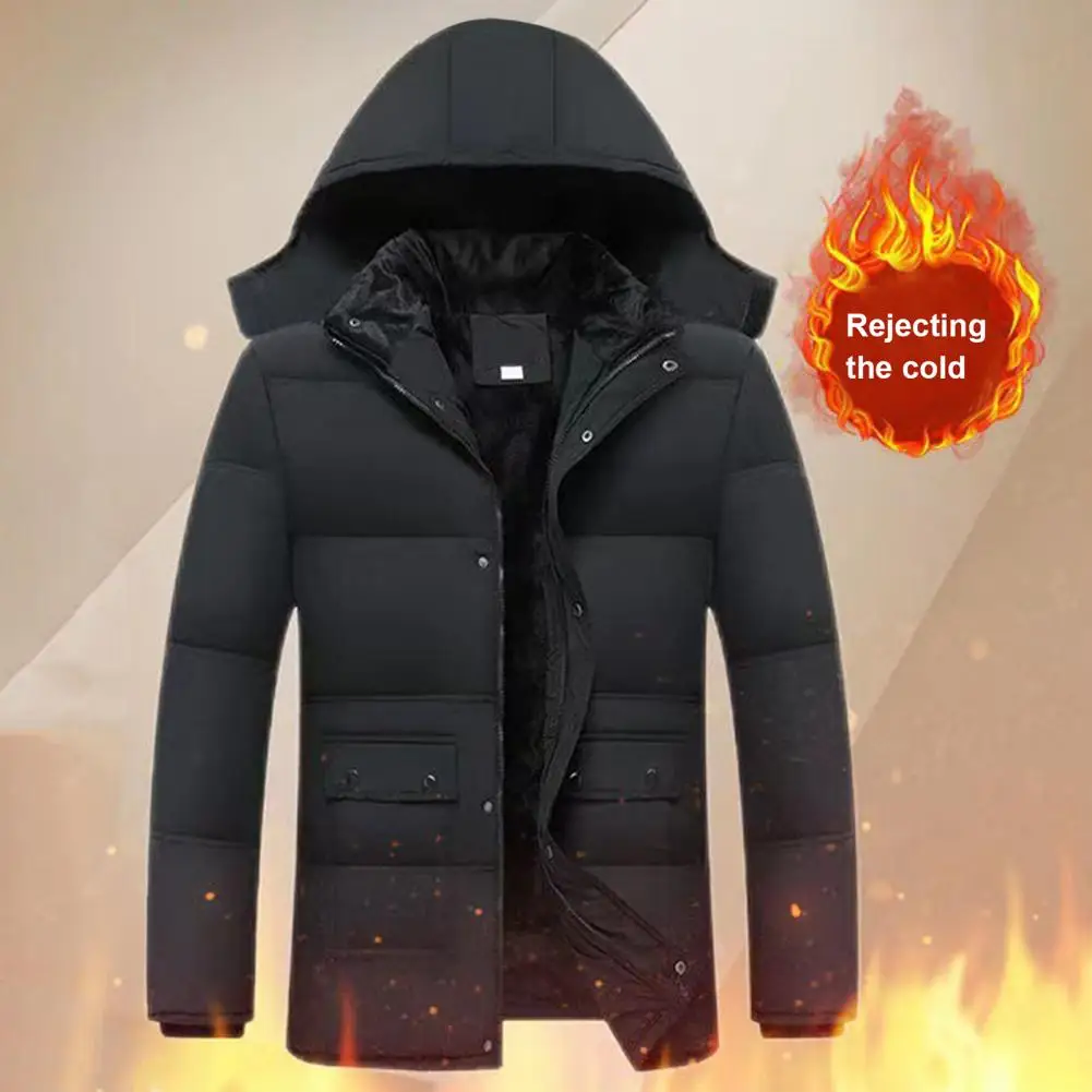 

Men Cotton Coat with Pockets Men's Hooded Down Jacket with Plush Lining Windproof Design Men's Thickened Cotton Coat with Zipper