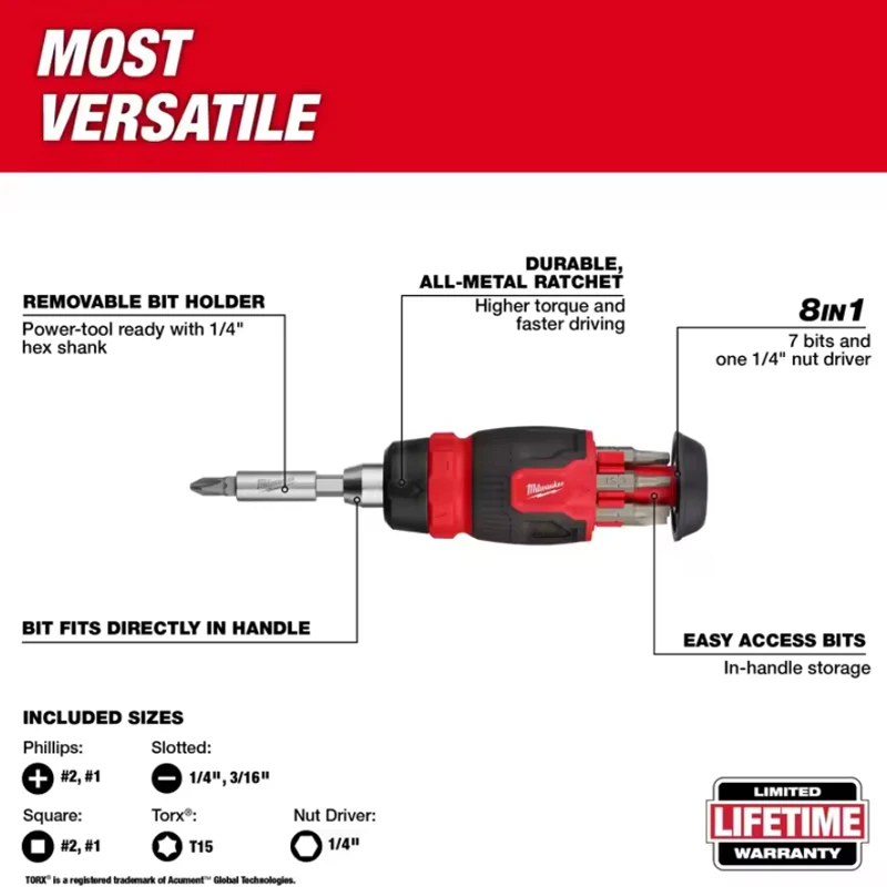 Milwaukee 48-22-2913A 8-in-1 Ratcheting Compact Multi-Bit Screwdriver Multifunctional Removable Knife Head Tool Accessories