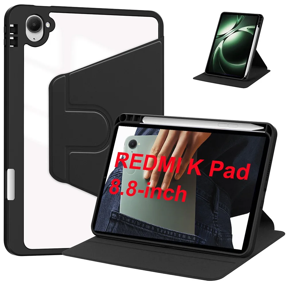 

Чехол для планшета Funda для Xiaomi Redmi K Pad 8,8 дюйма 2025 с держателем для ручек 360 ° Вращающаяся прозрачная жесткая подставка, противоударная крышка с откидной подставкой