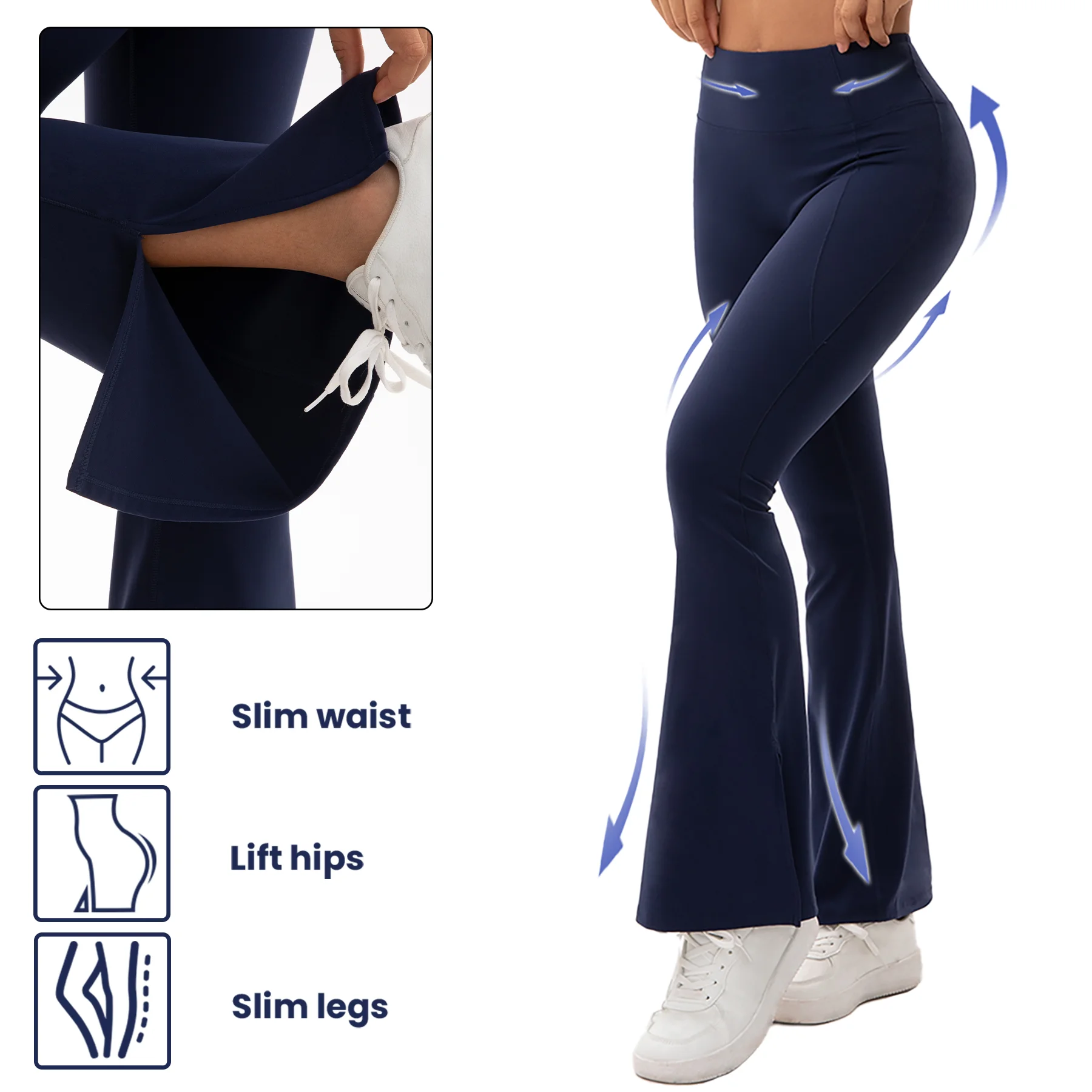 Designer Women's Flared Yoga Pants High-Waist Tummy Control Ankle-Slit Detail Navy Blue Athletic to Street Chic Wear
