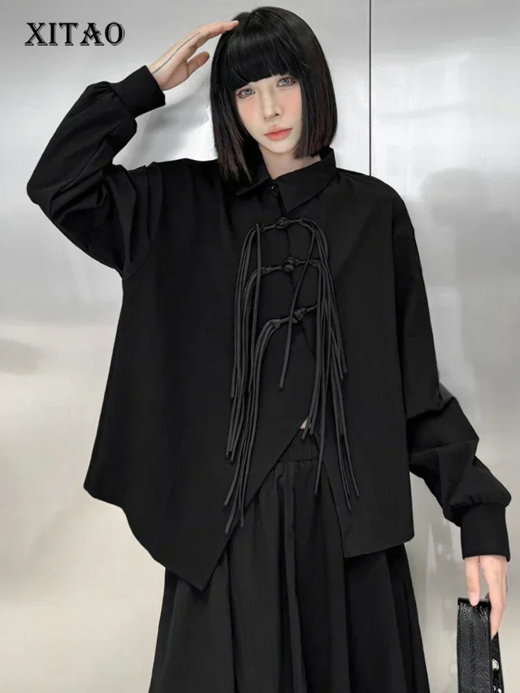 

XITAO Irregular Buckle Tassel Shirt Collar Single Breasted Casual Full Sleeve Fashion Chinese Style Autumn Women Blouse GMM1210