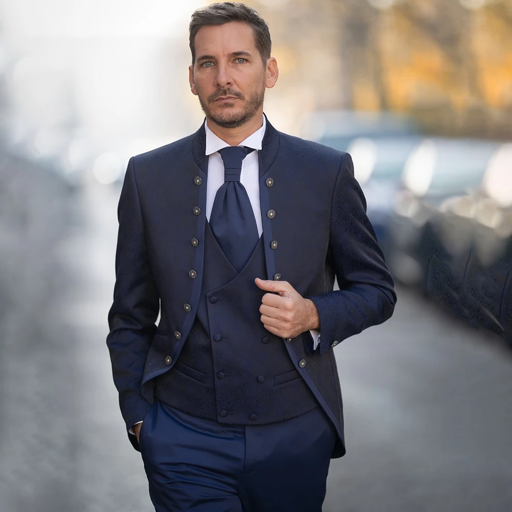 

Customized Men's Suits Formal Single Breasted Stand Lapel 3 Piece Jacket Pants Vest Luxury Business Male Clothing Outfits