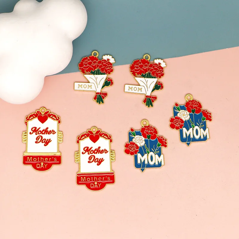 10pcs Carnation Floral Love Heart Pendant Mother's Day Gift Elegant Alloy Charms DIY Necklace Bracelet Earring Keyring Accessori