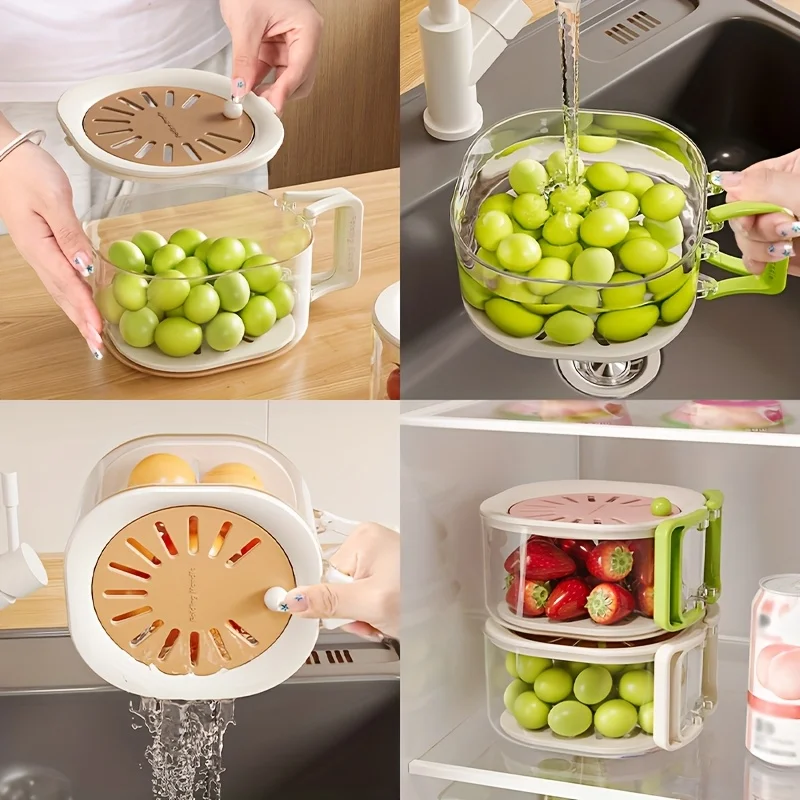 2-in-1 Double Layer Drain Basket, Fruit Drainer Container with Foldable Handle, Multi-Functional Food Strainer Organizer Boxes