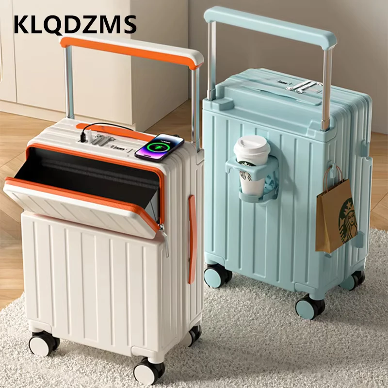 KLQDZMS กระเป๋าเดินทางเปิดด้านหน้าแล็ปท็อป Boarding Case USB ชาร์จรถเข็น 20 "22" 24 "26 นิ้วมีล้อกระเป๋าเดินทาง