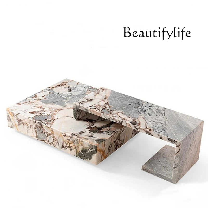 Italian Minimalist Natural Marble Coffee Table Gray Light Luxury Living Room Square Coffee Table