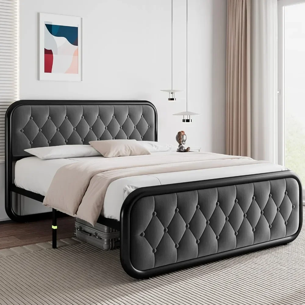 Metal Bed Frame, Button Tufted Headboard, Heavy Duty Platform Bed Frame, Thickened Metal Steel Slat Support